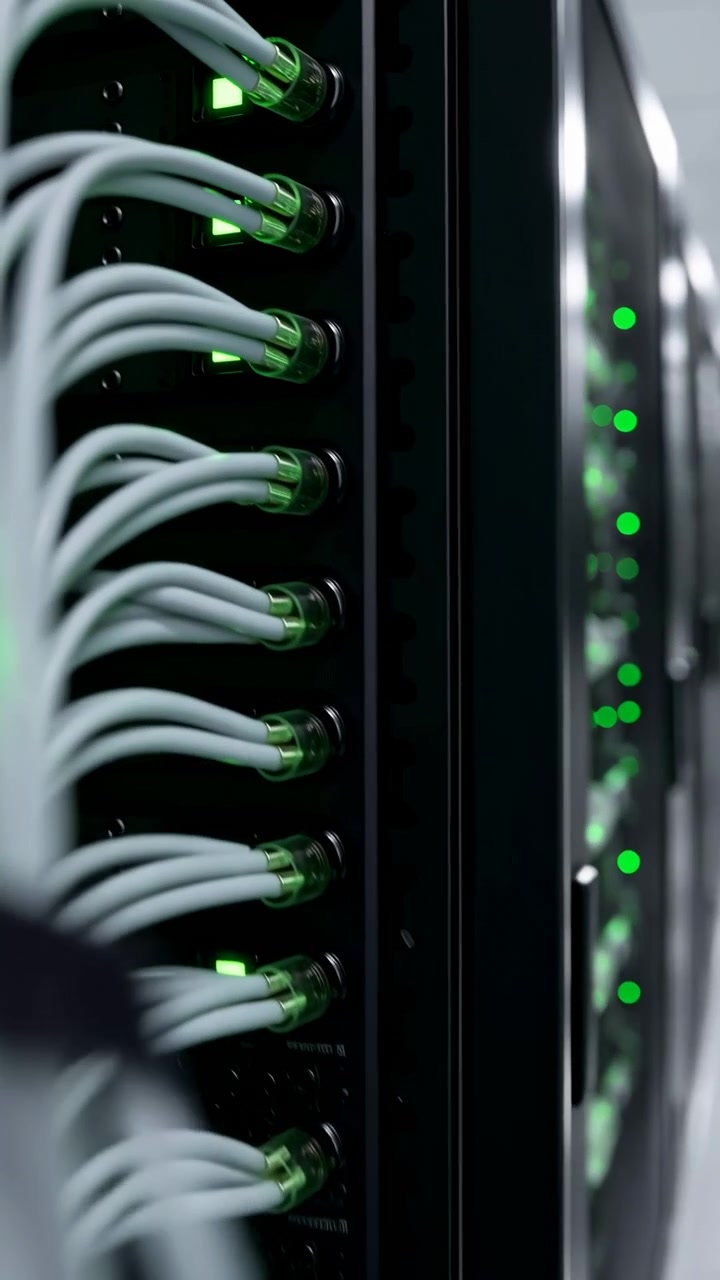 La telecamera si muove lungo gli armadi server mentre luci indicatrici verdi e cavi di rete passano in primo piano, terminando su fasci di connessioni bianche accanto a un luminoso corridoio di apparecchiature.