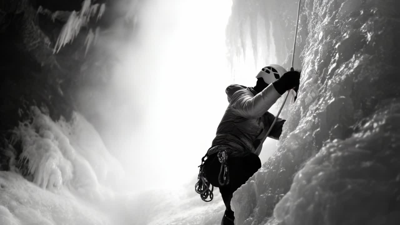 A Determined Climber Ascends an Icy Waterfall, Battling the Elements with Skill and Focus in a Stunning Black and White Landscape of Frozen Beauty