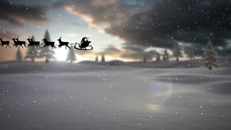 animation of santa in sleigh over snow falling