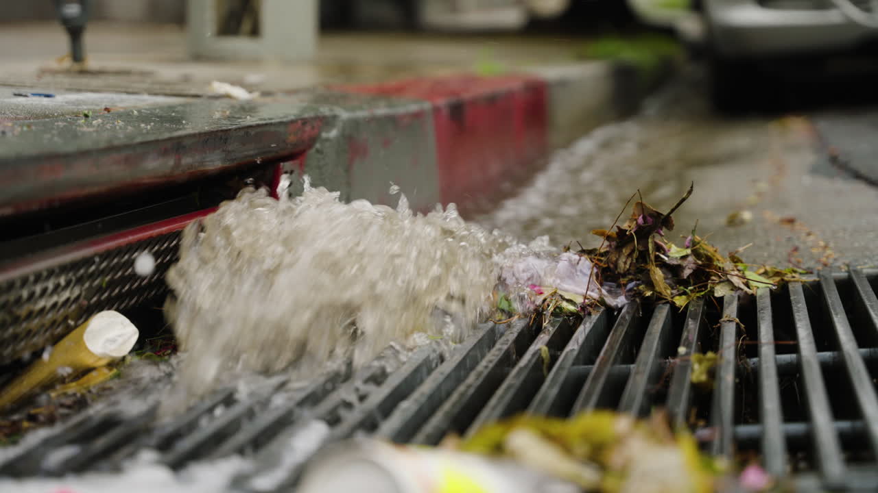 폭포, 슬로우 모션으로 거리에 범람하는 빗물 배수관
