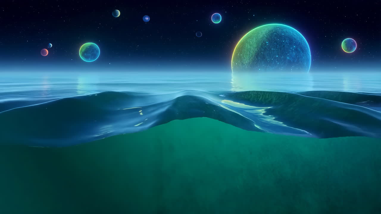 Surreal Ocean Landscape with Celestial Bodies