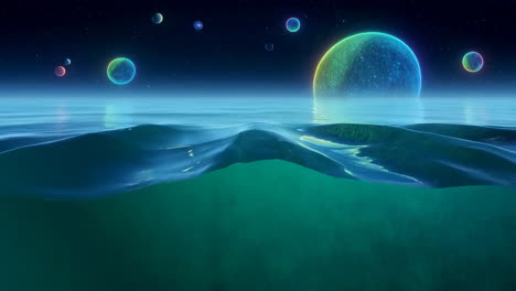 surreal ocean landscape with celestial bodies