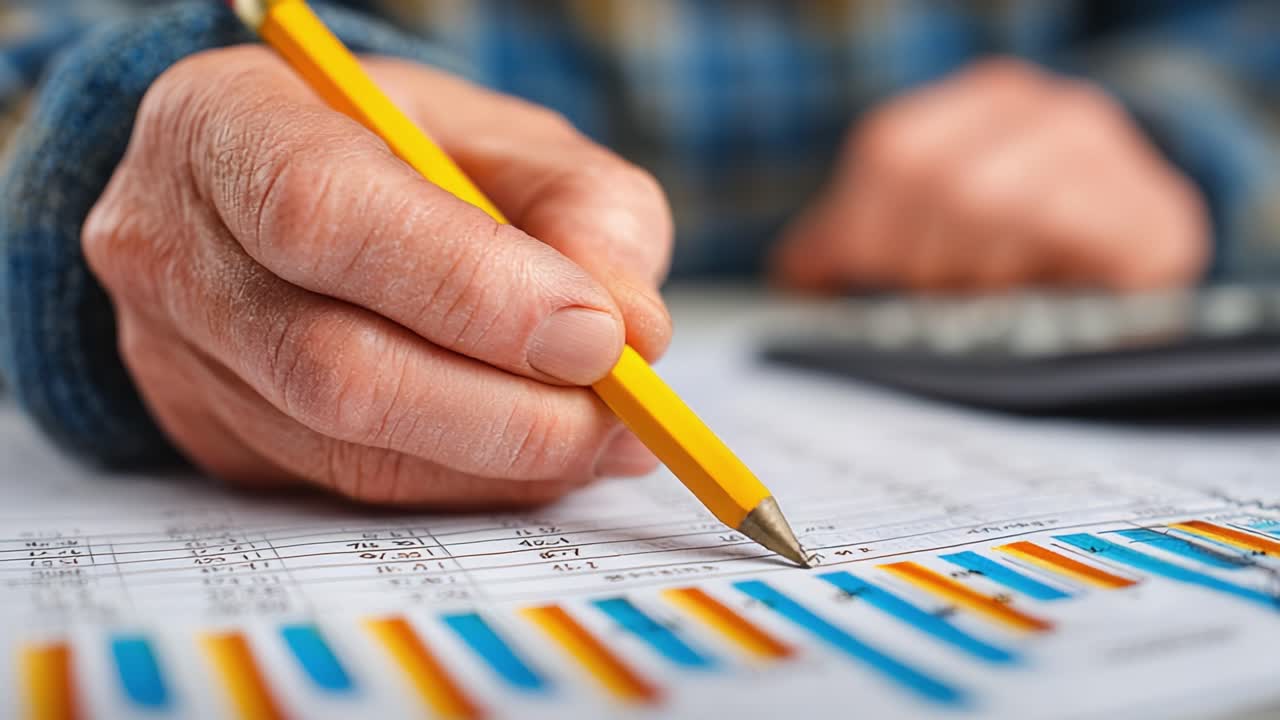 Analyzing Financial Data: A Close-Up of Hands Holding a Yellow Pencil, Focused on Graphs and Charts Representing Key Performance Indicators and Trends