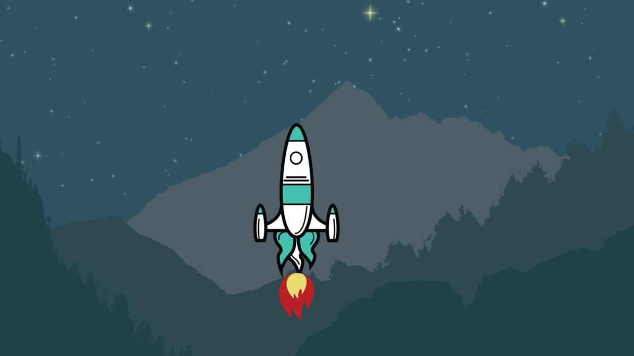 산과 밤하늘을 배경으로 날아다니는 우주 로켓