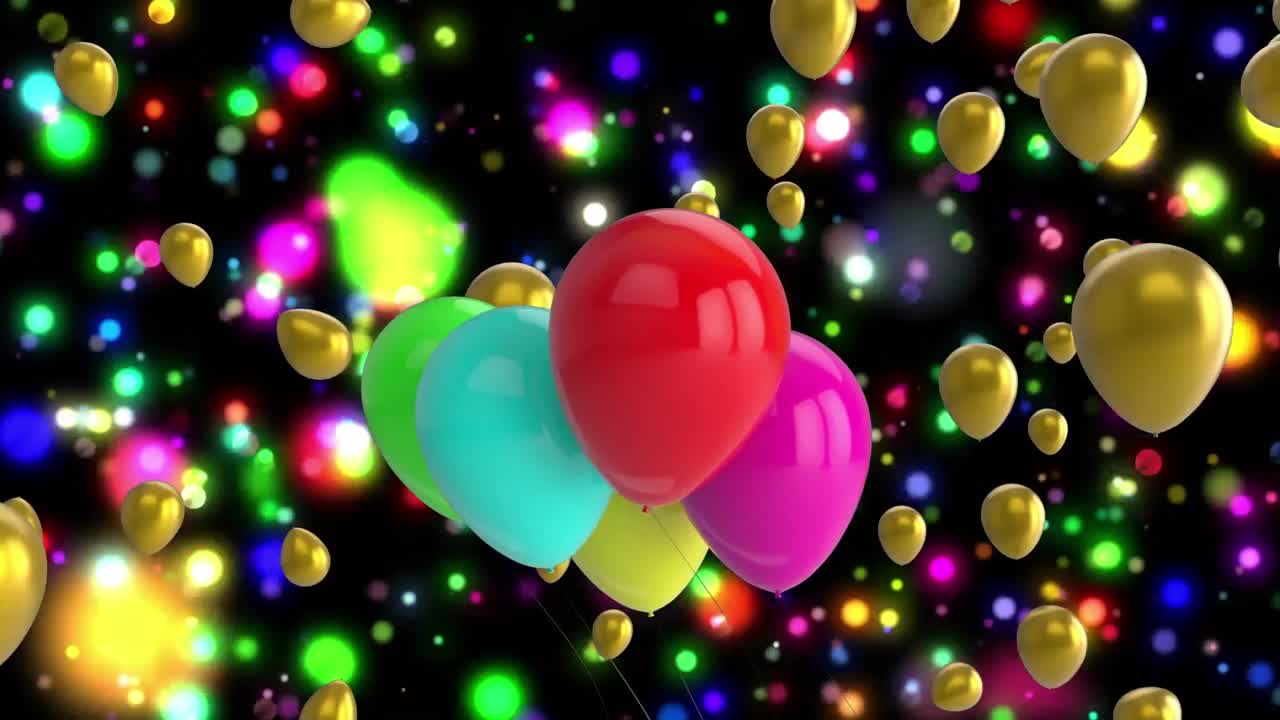 animación de globos coloridos que vuelan sobre luces brillantes sobre un fondo negro