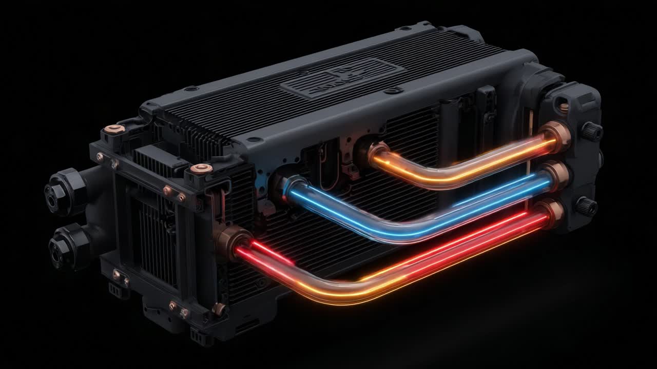 A visually striking and modern cooling system showcasing vibrant LED tubes emitting blue, red, and yellow lights, complemented by a sleek black design that emphasizes innovation in technology