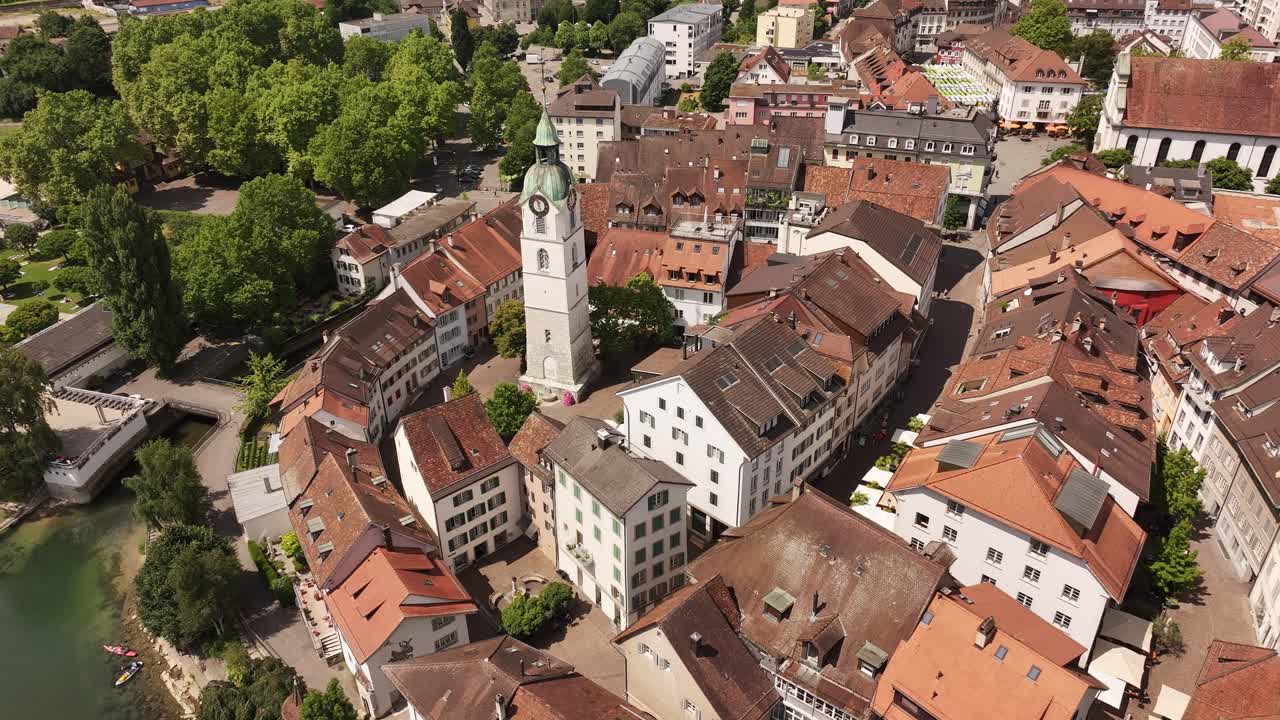Aerial view of Olten old town and iconic clock tower in Solothurn, Switzerland, on a sunny day