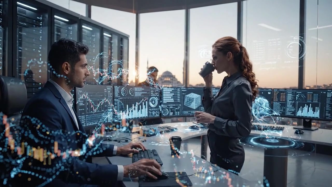 Professionisti aziendali che analizzano dati in un ufficio moderno con sovrapposizioni digitali