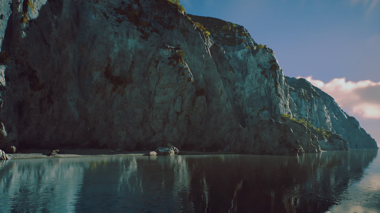 Majestic cliffs reflect in calm water under a clear blue sky