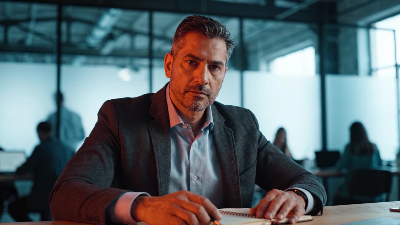 Focused Professional in a Modern Office Setting: Serious Man Engaged in Writing and Contemplation While Surrounded by Colleagues in a Collaborative Workspace