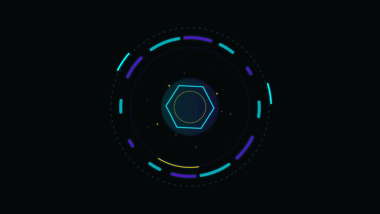 Abstract Digital HUD Interface with Rotating Hexagon and Circular Elements