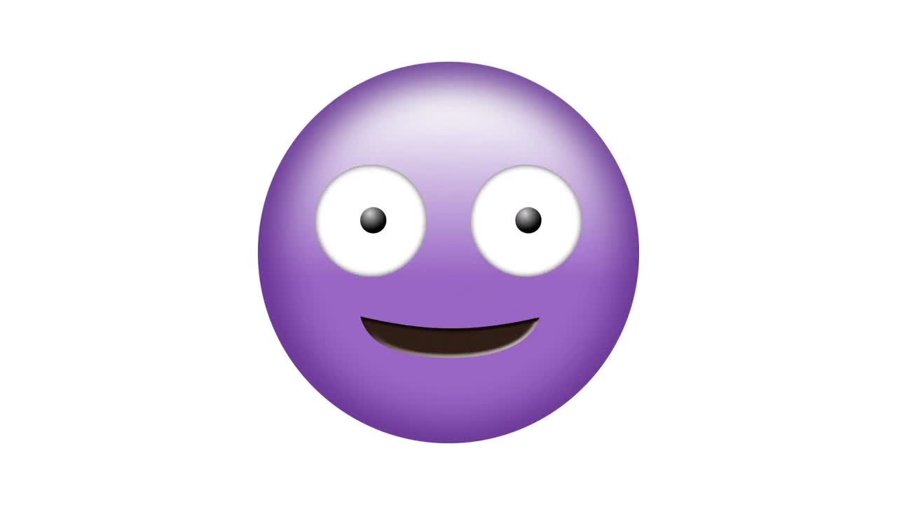 Digital animation of decorative designs over silly purple face emoji against white background