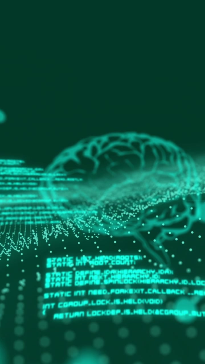 Animation of data processing and brains on black background