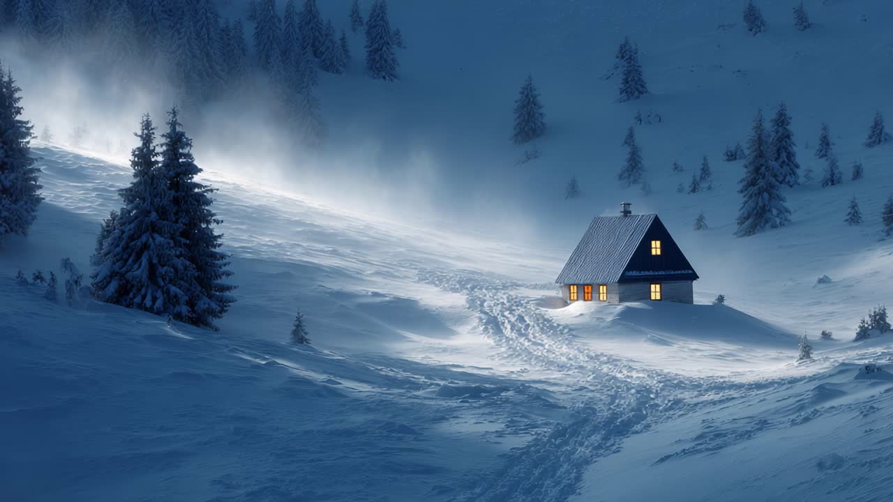 A Serene Winter Landscape: A Snow-Covered Cabin Illuminated by Warm Light Amidst a Frosty Wilderness at Dusk, Surrounded by Whispering Pines and Soft Snowfall