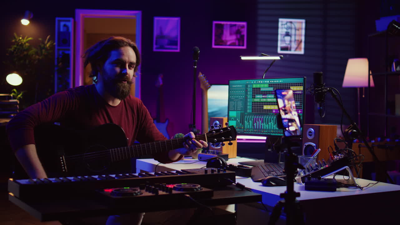 instructor de guitarra que enseña clases de guitarra en línea en internet