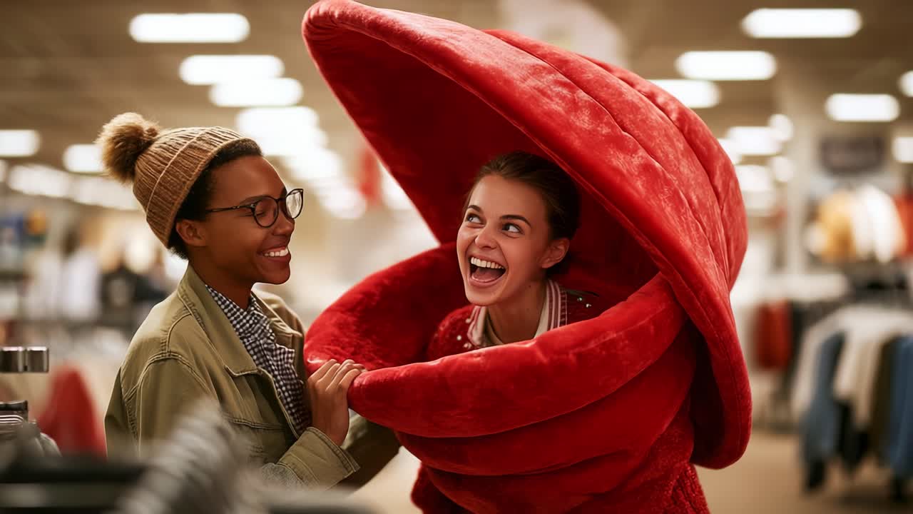 Two Friends Share a Playful Moment Inside a Cozy Red Blanket at a Store, Capturing the Joy of Friendship and Fun in a Lighthearted Shopping Experience