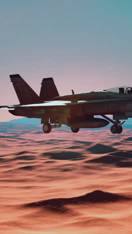 a fighter jet flying over a desert at sunset