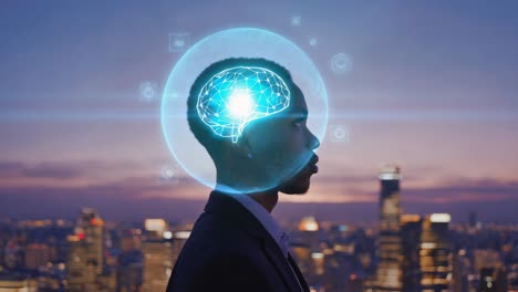 artificial intelligence concept: man with digital brain hologram over city skyline