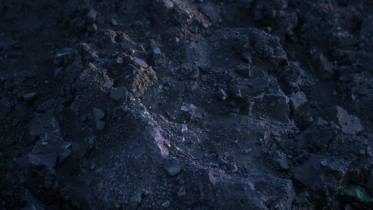 Gently pushing camera revealing dark rocky mound at barren ground, exposing angular rock chips
