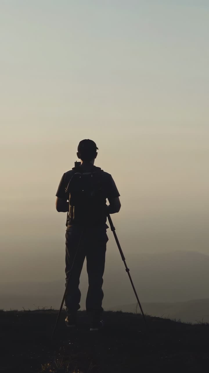 Video verticale: Un fotografo regola una fotocamera su treppiede in cima a una collina all'alba, catturando un orizzonte velato.