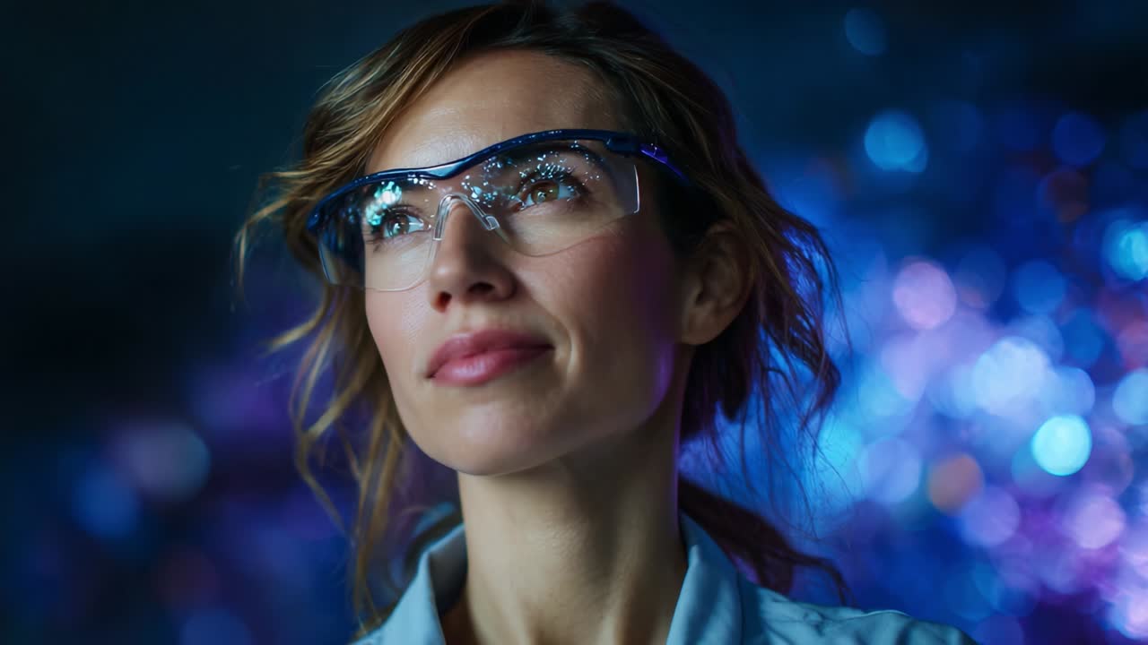 A thoughtful woman wearing safety goggles gazes upward, lost in contemplation against a backdrop of shimmering, colorful lights, embodying curiosity and determination in a scientific environment