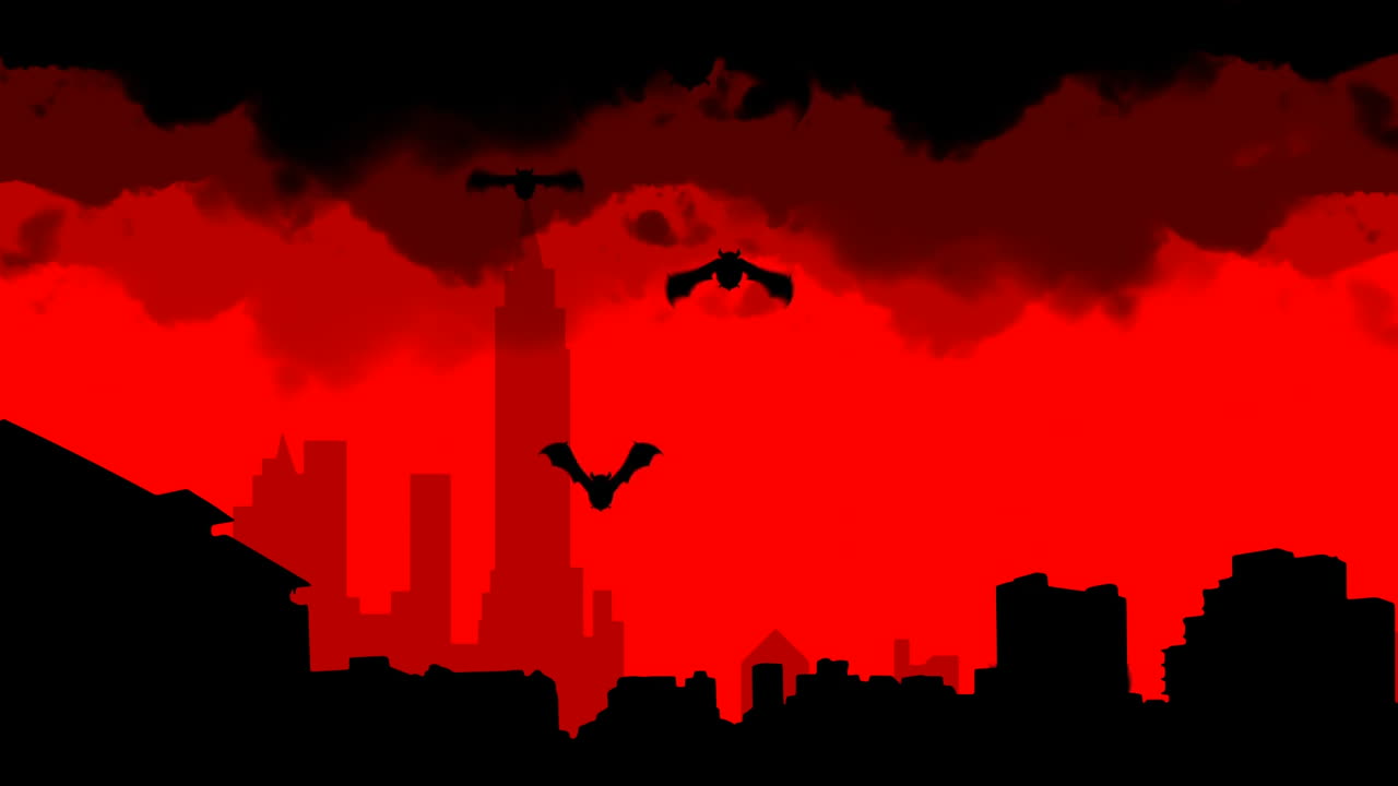 Pipistrelli in volo sopra lo skyline della città con uno sfondo animato rosso e nero.