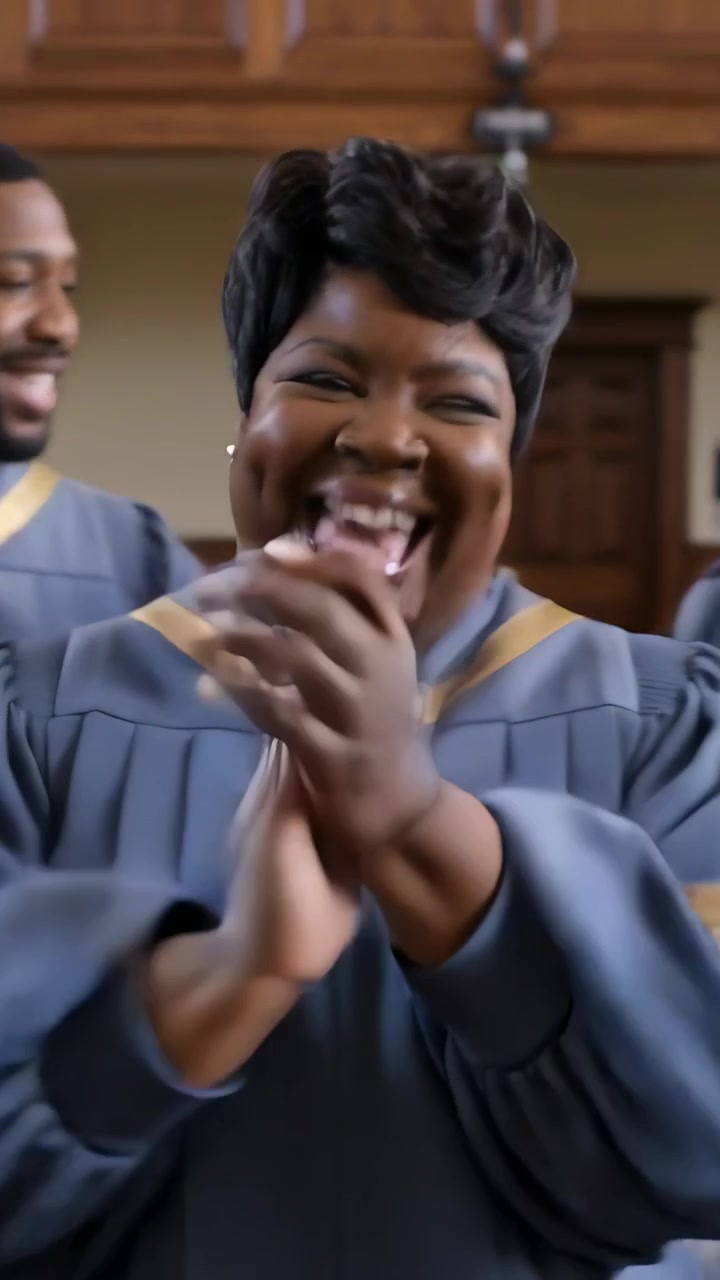 Vertical video: Opening mouth, clapping, choir woman singing in church for worship, blue robes
