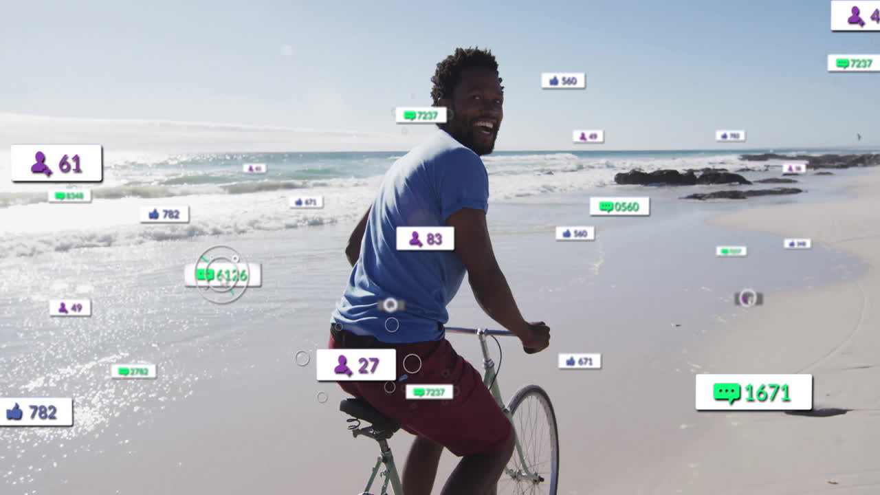 Man riding bicycle along beach shore, displaying floating social media icons for digital marketing
