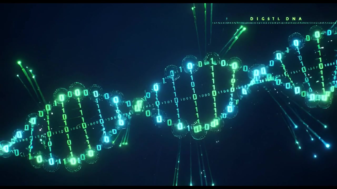 Futuristic Digital DNA Helix Made of Binary Code and Glowing Particles
