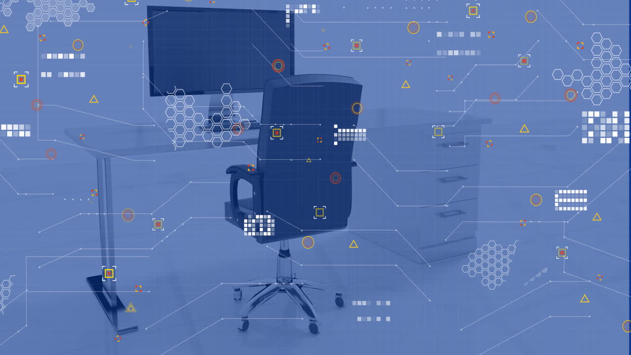 Animation of financial data processing over office with computer on desk