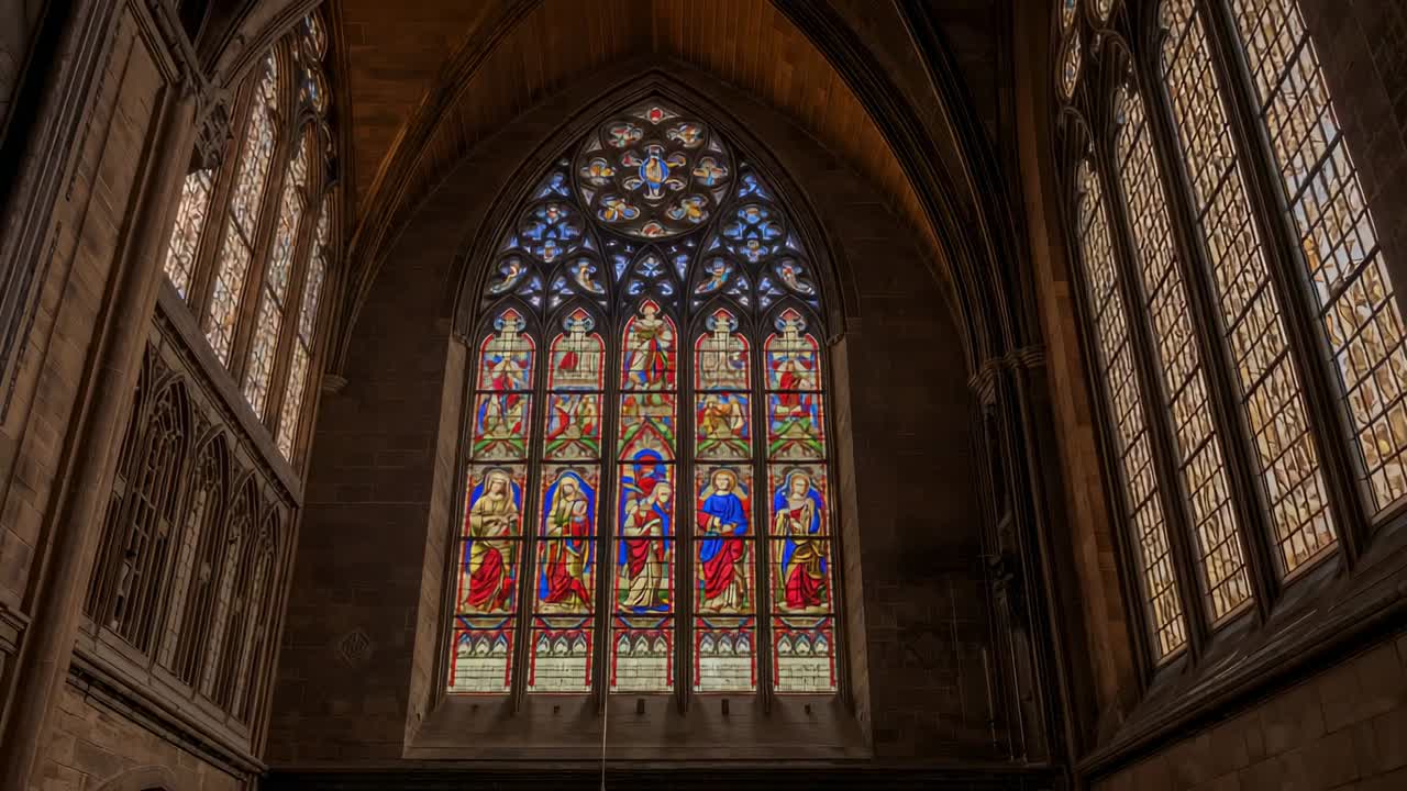 Shifting sunlight driving camera into cathedral nave, showing stained glass window details