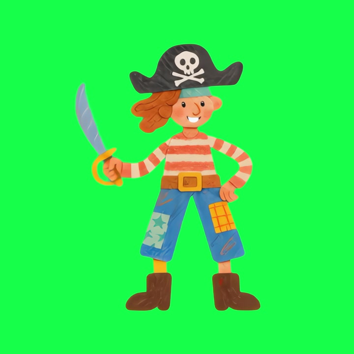 Personaggio pirata animato dei cartoni animati che impugna una spada su schermo verde