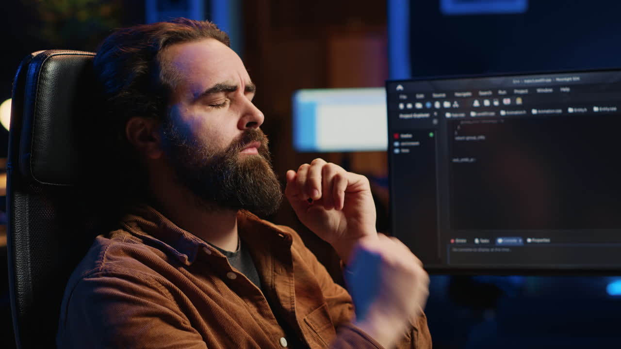 Annoyed IT admin rubbing temples in frustration after failing to remove bugs