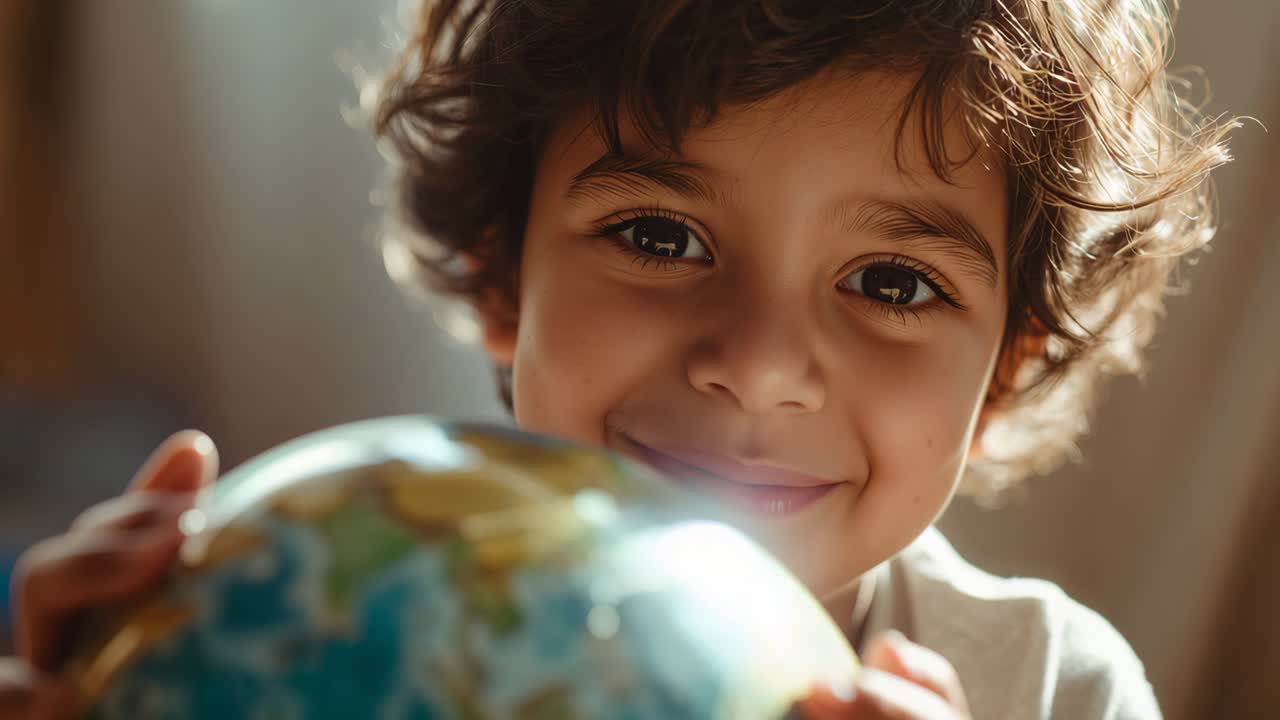 Gripping globe top, school-age boy rotating glossy globe in study room, exploring continents