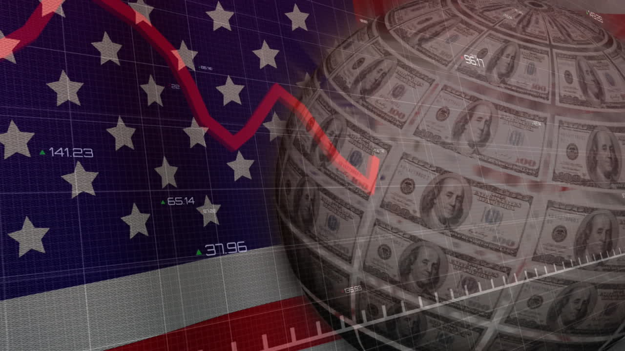 Red downward trend line animation over US flag and globe made of dollar bills