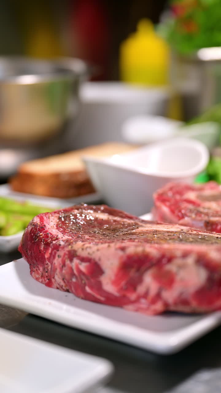 Chef seasoning raw steak with spices. Close-up of a chef seasoning raw steak with black gloves in a professional kitchen
