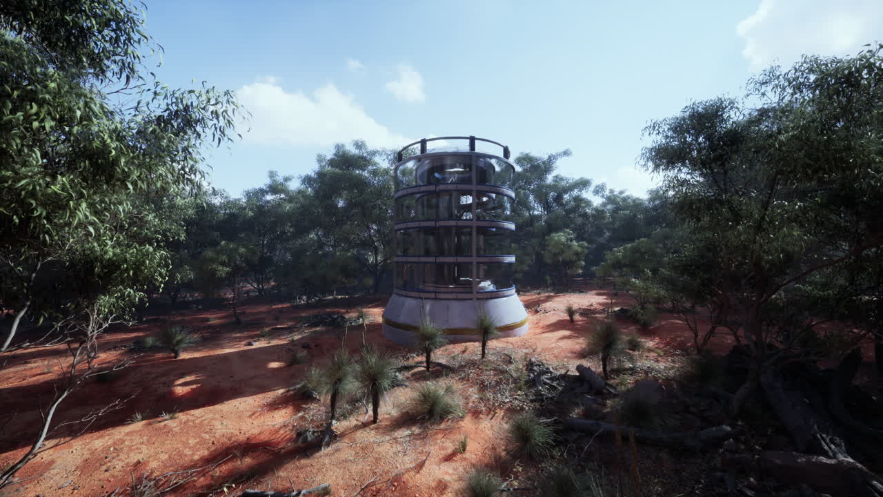 un invernadero de vidrio futurista sentado en el medio de un campo de tierra serena