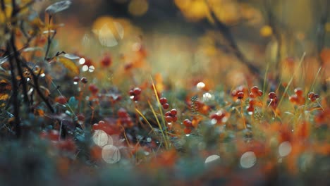 colorful red berries in the lush autumn undergrowth backlit by the low morning sun