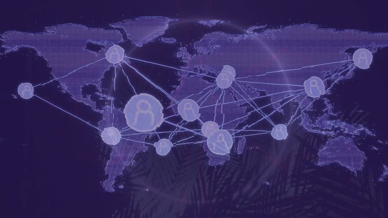 Fading world map revealing icons linking, pulsing, settling and visualizing global network