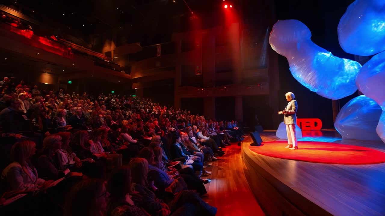 Dynamic Speaker Engages Enthusiastic Audience at a High-Energy Conference Event Under Dramatic Lighting, Featuring Colorful Art Installations and a Captivated Crowd in Attendance