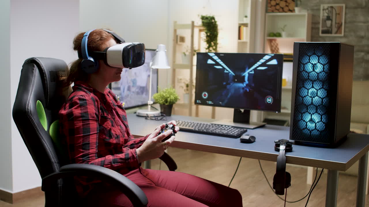 Woman playing video game in VR