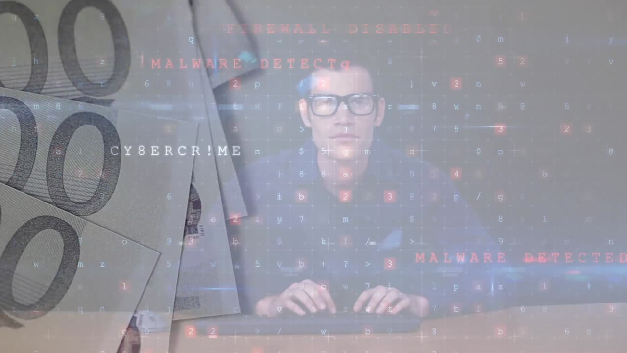 animación de números cambiantes, alerta de piratas informáticos y virus sobre los billetes en euros