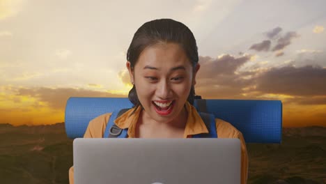 Excited Woman on a Video Call During Sunset Hiking Trip