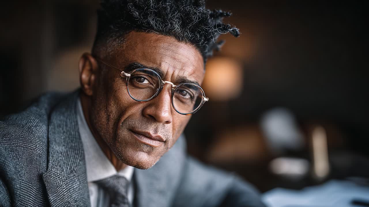 Uomo maturo in abito sartoriale con capelli e occhiali distintivi, che emana sicurezza e stile in un ambiente elegante e con illuminazione soffusa
