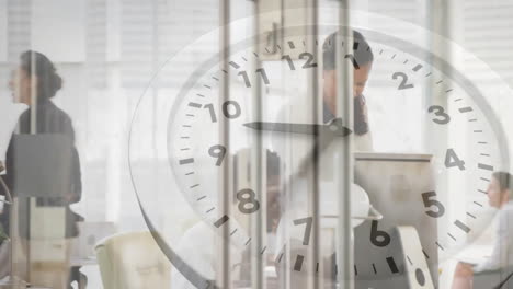 animation of clock with fast moving hands over diverse colleagues at casual office