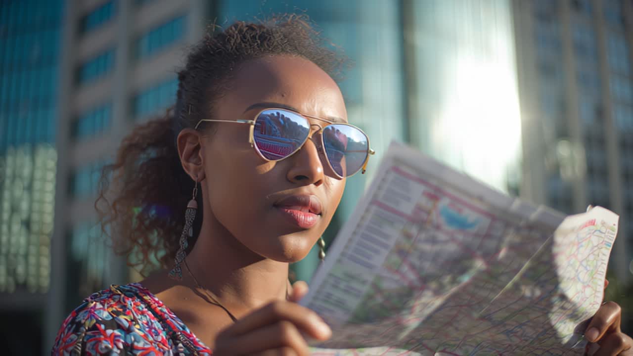 Confident young woman tourist wearing sunglasses studies a city map in a modern downtown area at sunset, symbolizing urban exploration, navigation, travel planning and independent adventure