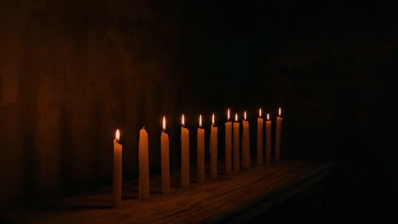Flickering fourteen slender wax candles on wooden plank in dim room, breezes drifting dripping wax
