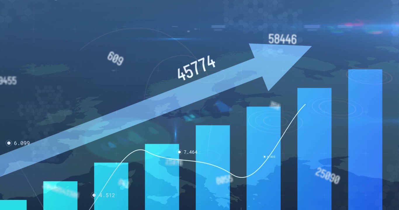 Animation of arrow, increasing numbers over bar graph against world map
