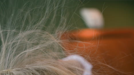 el estilista cepilla y seca el cabello rubio de la cliente en el salón.