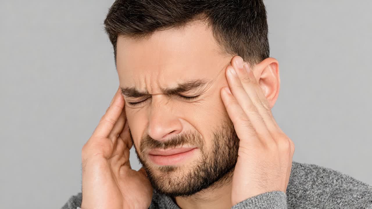 Un hombre, presa de la molestia, se lleva las manos a la cabeza con gesto de agonía, mostrando así la intensidad de su dolor de cabeza y su angustia emocional mientras lucha contra el dolor y la tensión.